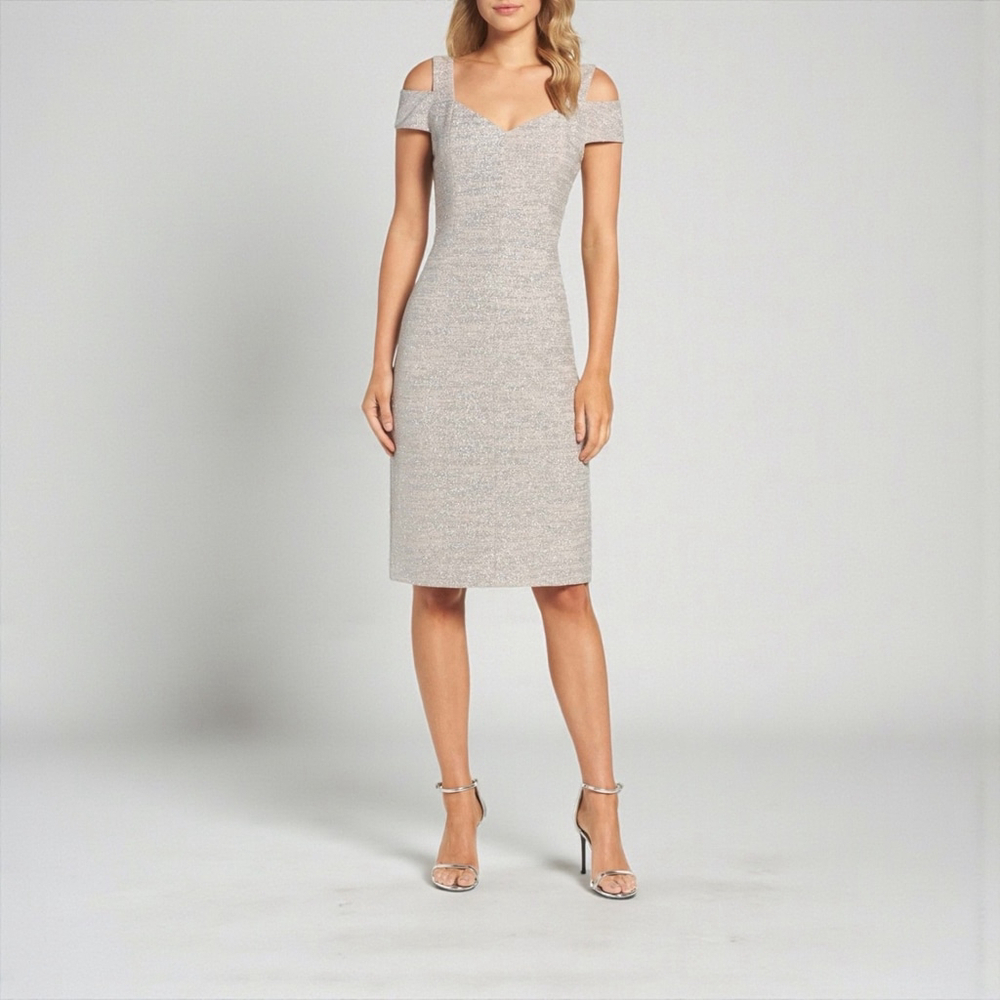 Eliza J Dress Size 8 Champagne Glitter Cold Shoulder Sheath Cocktail Party